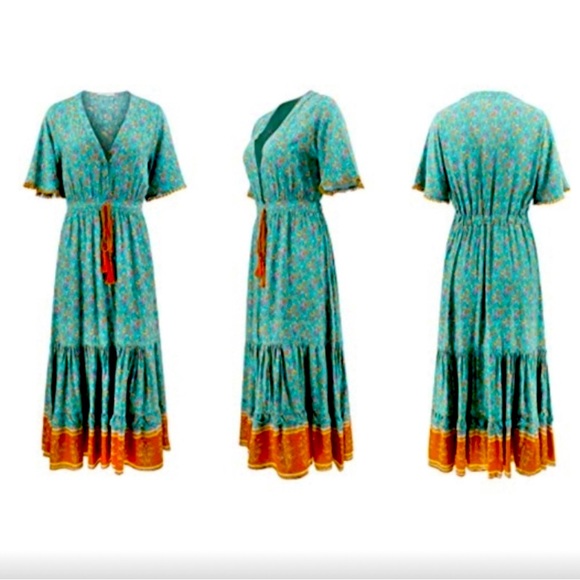 Teal and orange block print boho dress - Picture 3 of 10